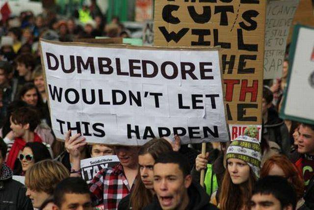 Photo from a protest highlighting a sign which reads: Dumbledore wouldn't let this happen